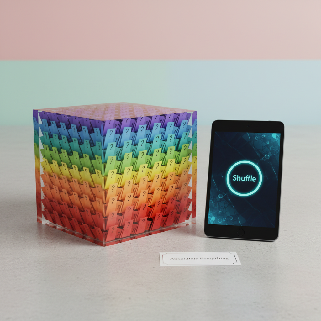 A transparent acrylic cube filled with hundreds of tiny folded paper slips in a rainbow gradient, each slip marked with a small printed question mark. The cube sits on a smooth, light concrete surface, next to a sleek tablet displaying a glowing “Shuffle” button in vivid teal. Bright, diffused studio lighting from above creates crisp reflections on the acrylic edges and soft, well-defined shadows underneath, emphasizing the cube’s clean geometry. Captured from an eye-level angle with the cube slightly off-center, the background is a softly blurred wall in playful pastel tones. The photographic, modern aesthetic feels dynamic and techy yet inviting, suggesting a fun, tactile way to draw random sparks of inspiration from “absolutely everything.”