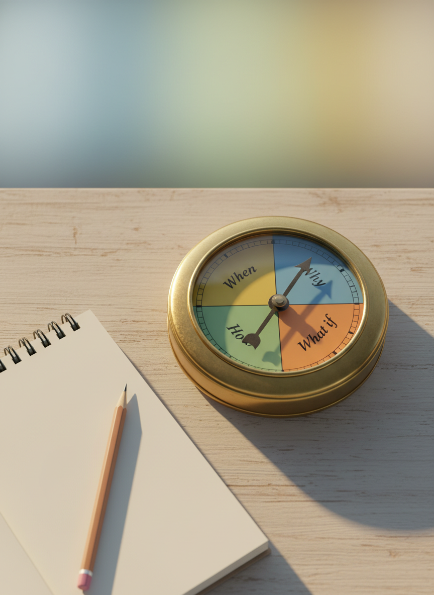 An old-fashioned brass compass redesigned so its face is divided into colorful segments labeled “Why”, “What if”, “How” and “When”, the needle hovering between them with precise detail. The compass rests on a pale wooden desk beside an open, blank notebook and a single sharpened pencil, their textures captured in crisp photographic realism. Late afternoon sunlight streams in from the right, casting long, soft-edged shadows and a warm golden glint on the compass glass. Shot from an overhead perspective with a clean, balanced composition, the background fades into a subtle blur of muted pastels. The mood is quietly adventurous and encouraging, as if inviting the viewer to spin for a new question and set off on a journey of ideas.